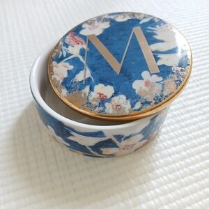 Anthropologie decorated porcelain M trinket box/ blue/ gold, new